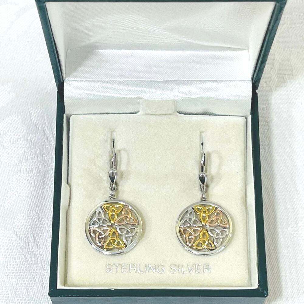Sterling Silver 18kgp Trinity Knot Celtic Earrings Ireland Drop Dangle